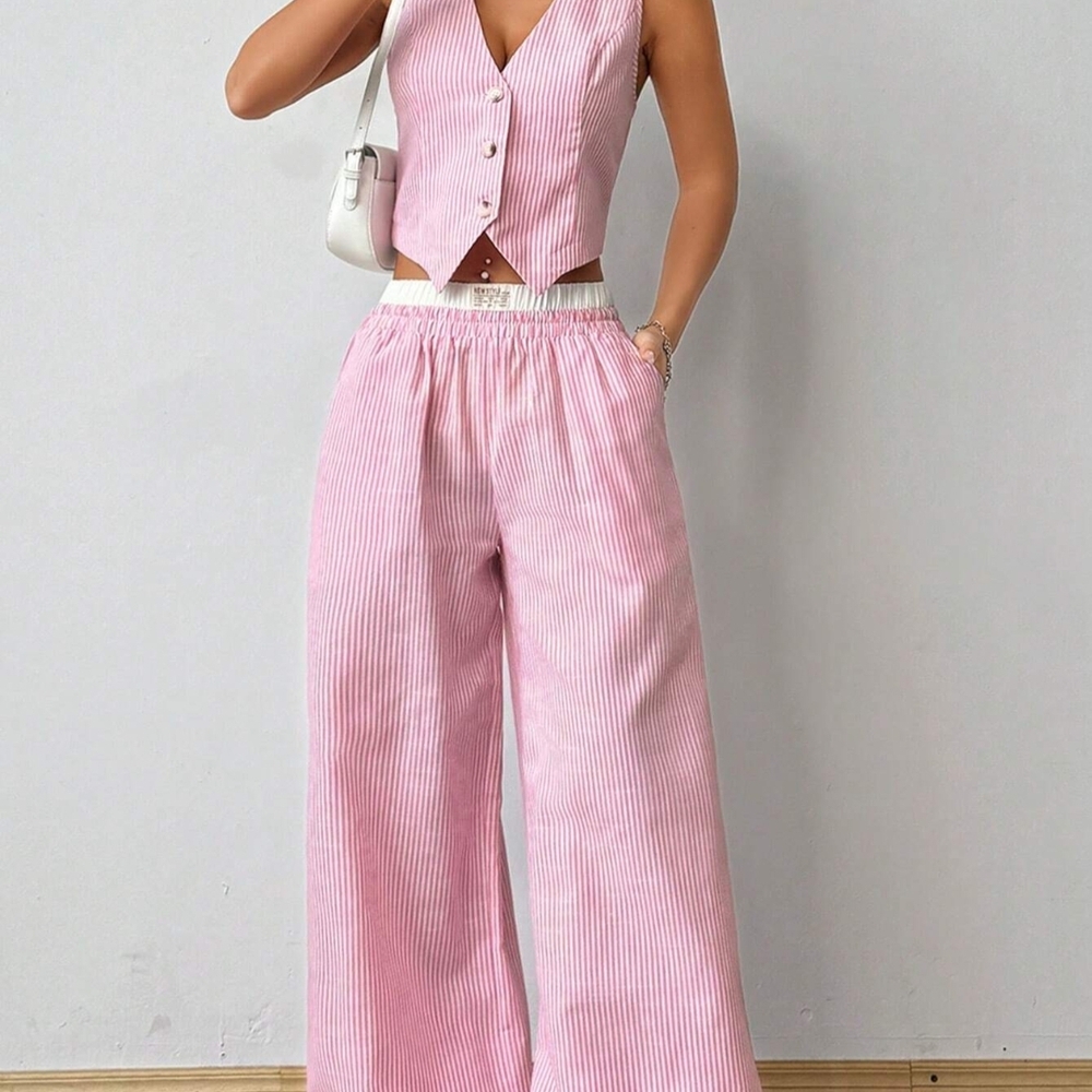 Pink Striped Women's Pants & Vest Set